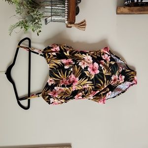 Floral, Tropical Black/Pink One Piece Bathing Suit, Removable Straps, Frill Top